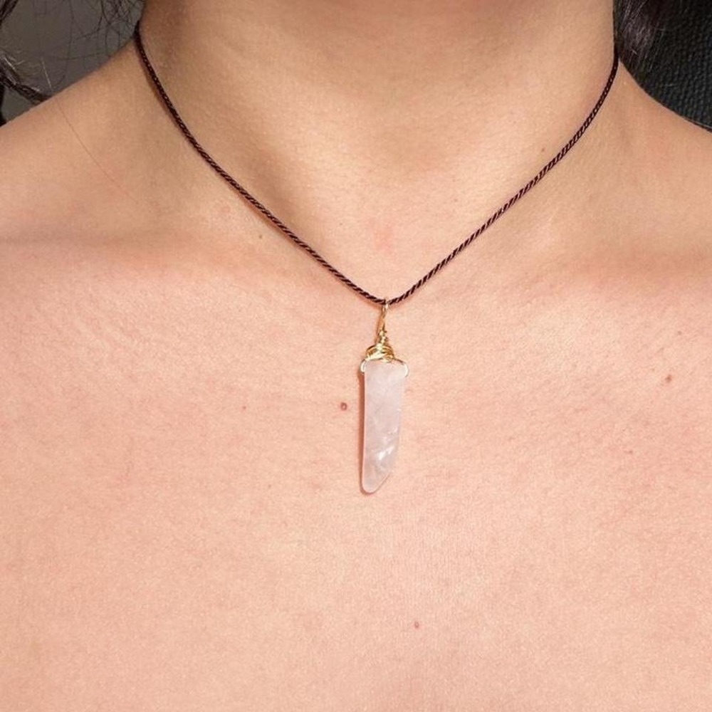 Handmade Rose Quartz Wire Wrapped Pendant Necklace Boho Crystal Healing